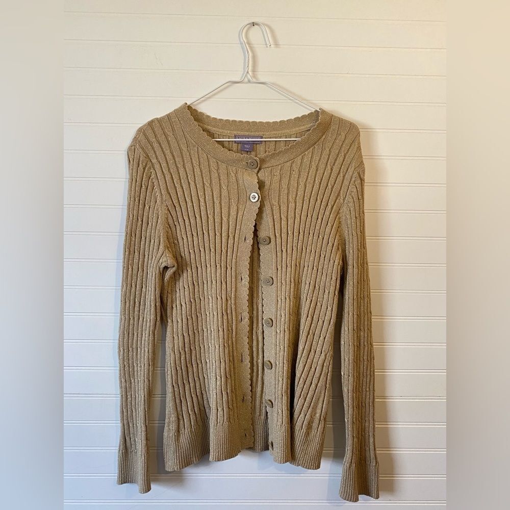 Laura Scott Vintage Scalloped Trim Metallic Gold Button Up Cardigan Size LargeP